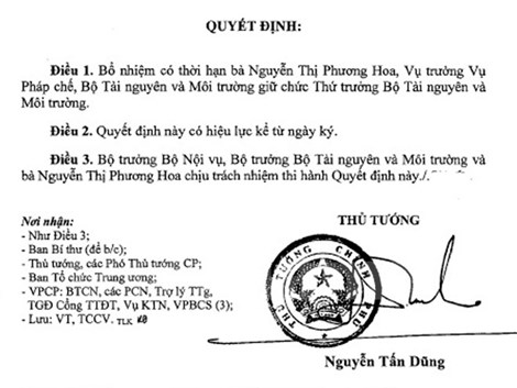Bổ[-]nhiệm[-]bà[-]Nguyễn[-]Thị[-]Phương[-]Hoa[-]giữ[-]chức[-]Thứ[-]trưởng[-]Bộ[-]Tài[-]nguyên[-]và[-]Môi[-]trường